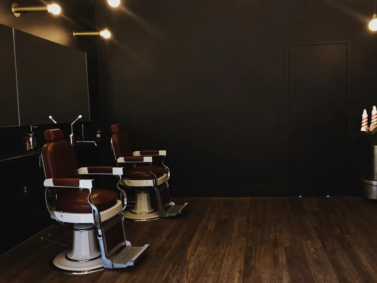 The two chairs: oxblood leather, porcelain and chrome